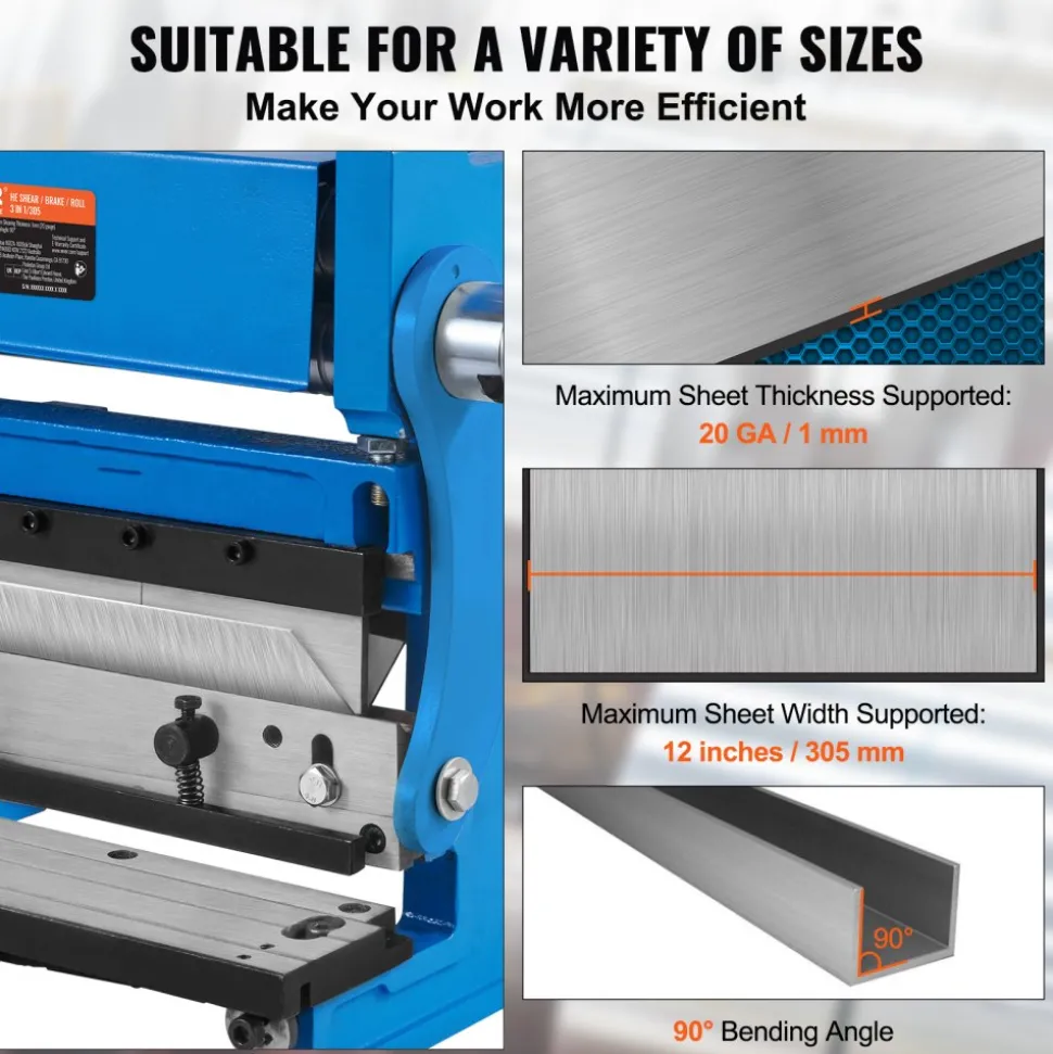 VEVOR Sheet Metal Brake, 12-inch, 3-In-1 Combination Shear Brake Roll Machine, 20-Gauge Capacity Shear Press Brake with 90° Max Bending Angle, Shears and Slip Roll Machine for Shear Bending Rolling