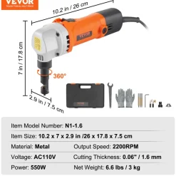 VEVOR Sheet Metal Nibbler, 550W Powerful 2200 RPM High Speed, 360 Degree Rotation Electric Nibbler Metal Cutter, Straight Curve and Circle Cutting for Stainless Steel, Aluminum, Plastic, Wood Board