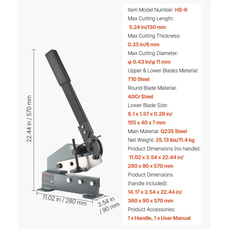 VEVOR Sheet Metal Shear, 6 in Manual Hand Plate Shear, Heavy Duty Mounting Type Sheet Cutter with Solid Steel Frame, High Precision, Extended Handle for Cutting Steel, Copper, Rebar, and Aluminum