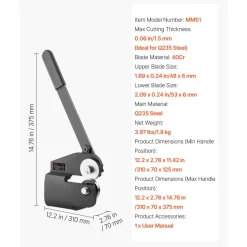 VEVOR Sheet Metal Shear, Throatless Rotary Hand Shear, 16 Gauge Mild Steel Sheet Cutter with 0.06 in Capacity, with Solid Construction, Mounting Type, for Cutting Steel, Copper, Rebar, and Aluminum