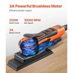 VEVOR Sheet Sander, 3/8 Sheet 3A EC Brushless Sander, Max. 10000RPM Variable Speed Sheet Finishing Sander with 10PCS Sandpapers and Vacuum Cleaner Adapter for Woodworking