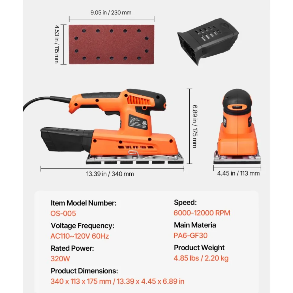 VEVOR Sheet Sander, 1/2 Sheet 2.5A Electric Sander for Woodworking, Max. 12000RPM Variable Speed Sheet Finishing Sander with Sandpaper and Dust Box for Wood Polishing Sanding