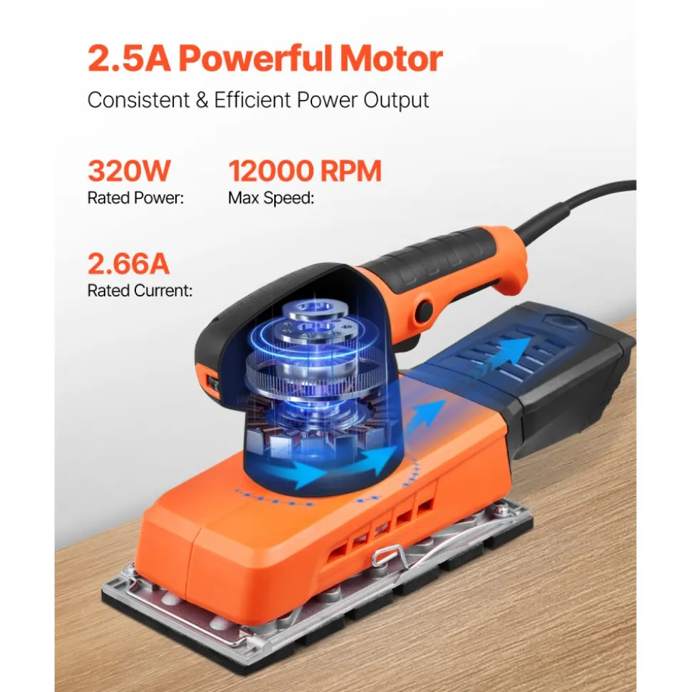 VEVOR Sheet Sander, 1/2 Sheet 2.5A Electric Sander for Woodworking, Max. 12000RPM Variable Speed Sheet Finishing Sander with Sandpaper and Dust Box for Wood Polishing Sanding