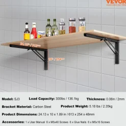 VEVOR Shelf Bracket Foldable, 24” L 2 Pcs , Heavy Duty Floating Shelf Brackets, Brackets for Shelves, 5mm Thick Matte Black L Shelf Bracket,Steel Shelving Brackets with 300 lbs Load Capacity