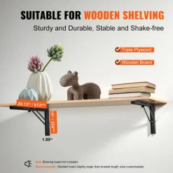 VEVOR Shelf Bracket Foldable, 24” L 2 Pcs , Heavy Duty Floating Shelf Brackets, Brackets for Shelves, 5mm Thick Matte Black L Shelf Bracket,Steel Shelving Brackets with 300 lbs Load Capacity