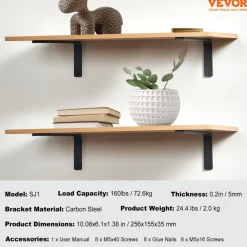VEVOR Shelf Bracket, Heavy Duty Floating Shelf Brackets 10 x 6 in, 4 Pcs Brackets for Shelves, 5mm Thick Matte Black L Shelf Bracket,Steel Shelving Brackets with 160 lbs Load Capacity