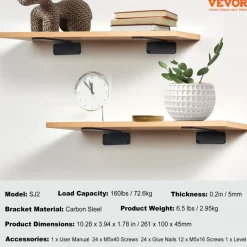 VEVOR Shelf Bracket, 10”L x 4”W x 1.6”H, 6 Pcs Heavy Duty Floating Shelf Brackets, Brackets for Shelves, 5mm Thick Matte Black L Shelf Bracket,Steel Shelving Brackets with 160 lbs Load Capacity
