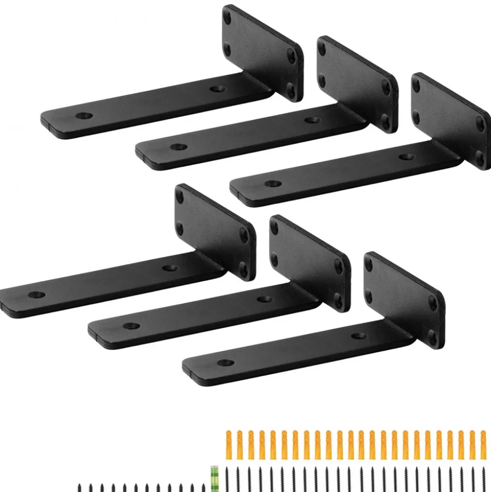 VEVOR Shelf Bracket, 6”L x 4”W x 1.6”H 6 Pcs, Heavy Duty Floating Shelf Brackets, Brackets for Shelves, 5mm Thick Matte Black L Shelf Bracket,Steel Shelving Brackets with 160 lbs Load Capacity