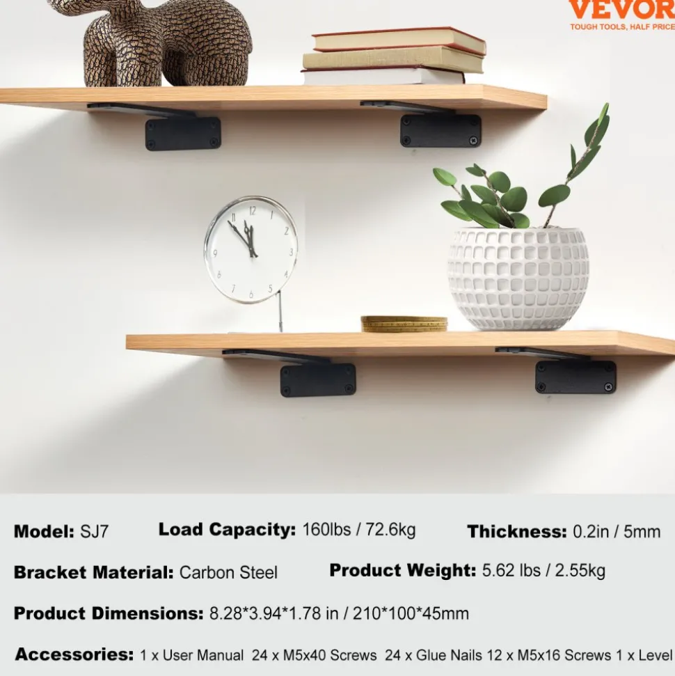VEVOR Shelf Bracket, 6”L x 4”W x 1.6”H 6 Pcs, Heavy Duty Floating Shelf Brackets, Brackets for Shelves, 5mm Thick Matte Black L Shelf Bracket,Steel Shelving Brackets with 160 lbs Load Capacity