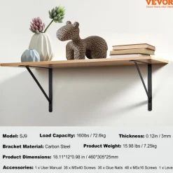 VEVOR Shelf Bracket, 18 x 12 in 12 Pcs, Heavy Duty Floating Shelf Brackets, Brackets for Shelves, 3mm Thick Matte Black Triangle Shelf Bracket,Steel Shelving Brackets with 160 lbs Load Capacity