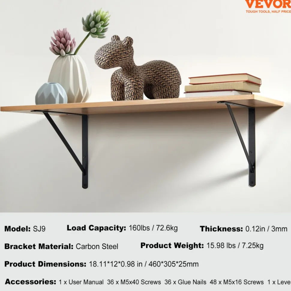 VEVOR Shelf Bracket, 18 x 12 in 12 Pcs, Heavy Duty Floating Shelf Brackets, Brackets for Shelves, 3mm Thick Matte Black Triangle Shelf Bracket,Steel Shelving Brackets with 160 lbs Load Capacity
