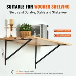 VEVOR Shelf Bracket, 18 x 12 in 12 Pcs, Heavy Duty Floating Shelf Brackets, Brackets for Shelves, 3mm Thick Matte Black Triangle Shelf Bracket,Steel Shelving Brackets with 160 lbs Load Capacity