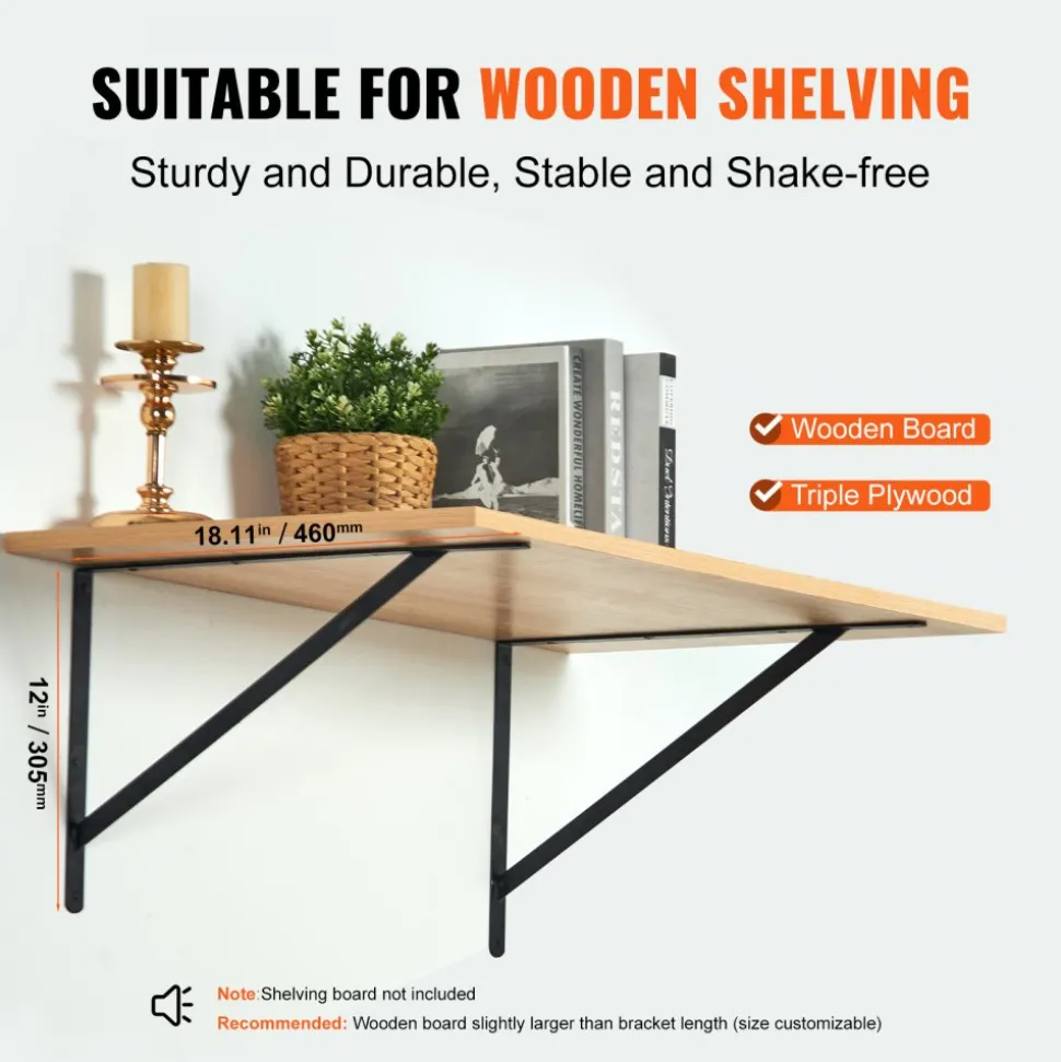 VEVOR Shelf Bracket, 18 x 12 in 12 Pcs, Heavy Duty Floating Shelf Brackets, Brackets for Shelves, 3mm Thick Matte Black Triangle Shelf Bracket,Steel Shelving Brackets with 160 lbs Load Capacity