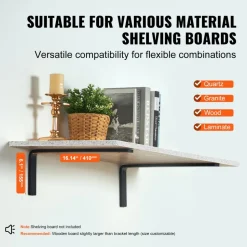 VEVOR Shelf Bracket, 16 x 6 in 4 Pcs, Heavy Duty Floating Shelf Brackets, Brackets for Shelves, 10mm Thick Matte Black L Shelf Bracket,Steel Shelving Brackets with 160 lbs Load Capacity