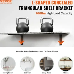 VEVOR Shelf Bracket, 16 x 6 in 4 Pcs, Heavy Duty Floating Shelf Brackets, Brackets for Shelves, 10mm Thick Matte Black L Shelf Bracket,Steel Shelving Brackets with 160 lbs Load Capacity