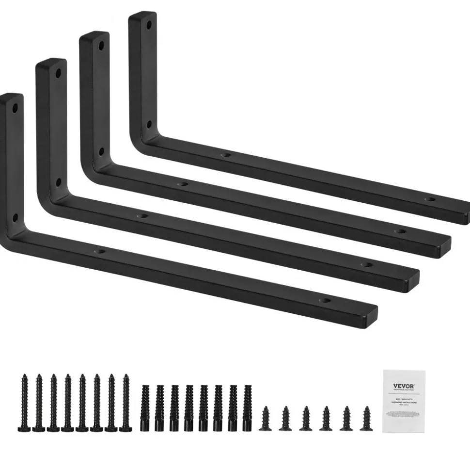 VEVOR Shelf Bracket, 16 x 6 in 4 Pcs, Heavy Duty Floating Shelf Brackets, Brackets for Shelves, 10mm Thick Matte Black L Shelf Bracket,Steel Shelving Brackets with 160 lbs Load Capacity