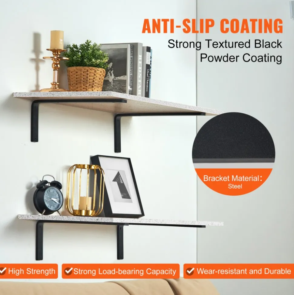 VEVOR Shelf Bracket, 16 x 6 in 4 Pcs, Heavy Duty Floating Shelf Brackets, Brackets for Shelves, 10mm Thick Matte Black L Shelf Bracket,Steel Shelving Brackets with 160 lbs Load Capacity