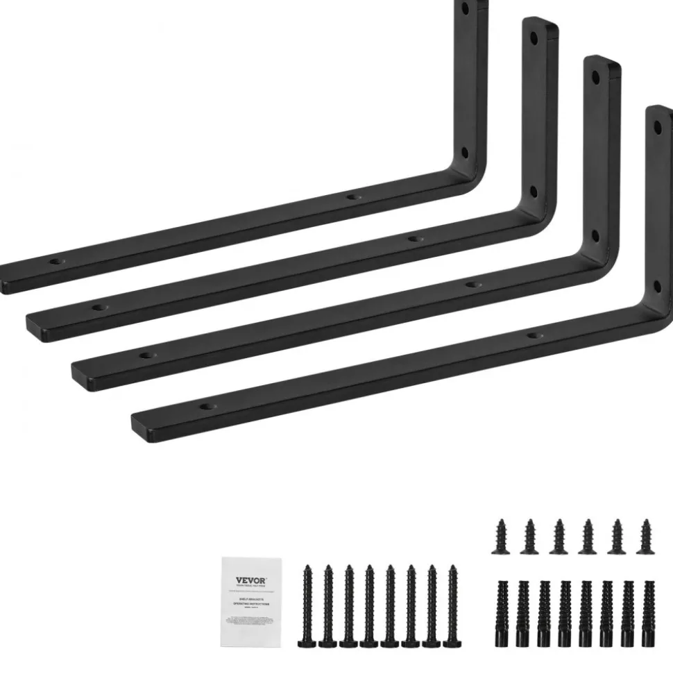 VEVOR Shelf Bracket, 16 x 6 in 4 Pcs, Heavy Duty Floating Shelf Brackets, Brackets for Shelves, 10mm Thick Matte Black L Shelf Bracket,Steel Shelving Brackets with 160 lbs Load Capacity