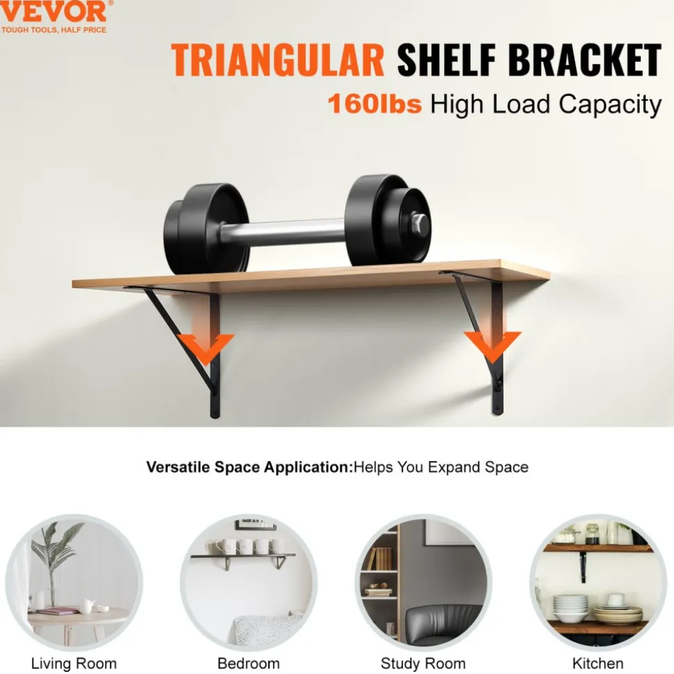 VEVOR Shelf Bracket, 12 x 8 in 10 Pcs, Heavy Duty Floating Shelf Brackets, Brackets for Shelves, 3mm Thick Matte Black Triangle Shelf Bracket,Steel Shelving Brackets with 160 lbs Load Capacity