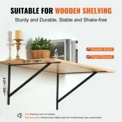 VEVOR Shelf Bracket, 12 x 8 in 10 Pcs, Heavy Duty Floating Shelf Brackets, Brackets for Shelves, 3mm Thick Matte Black Triangle Shelf Bracket,Steel Shelving Brackets with 160 lbs Load Capacity