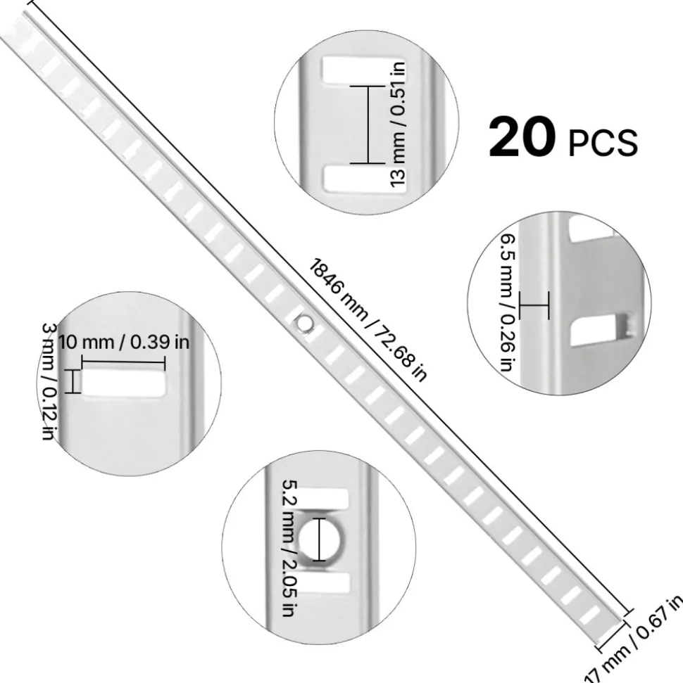 VEVOR Shelf Pilaster, 72.7-inch 20 Pack, Adjustable Shelf Brackets Steel Mortise Mount Pilaster Strip Standards with 140 Screws, Suitable for Wall Shelving System Cabinet Closet Organization