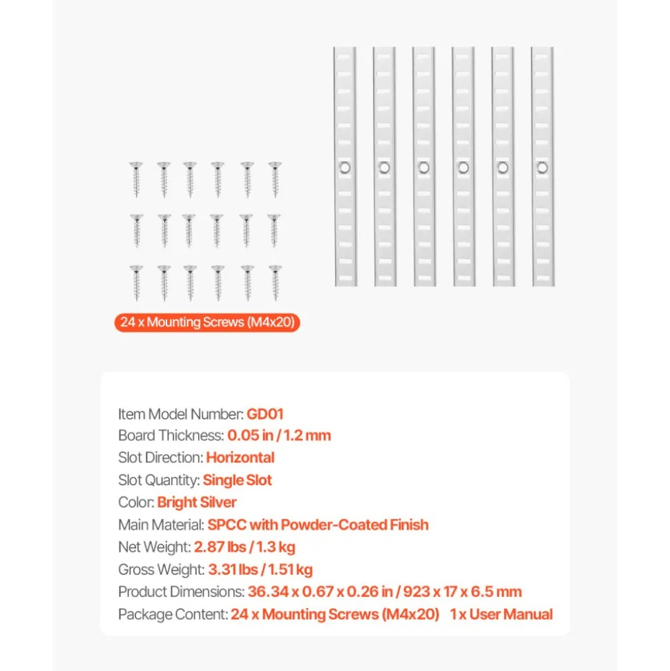 VEVOR Shelf Pilaster, 36.3-inch 6 Pack, Adjustable Shelf Brackets Steel Mortise Mount Pilaster Strip Standards with 24 Screws, Suitable for Wall Shelving System Cabinet Closet Organization