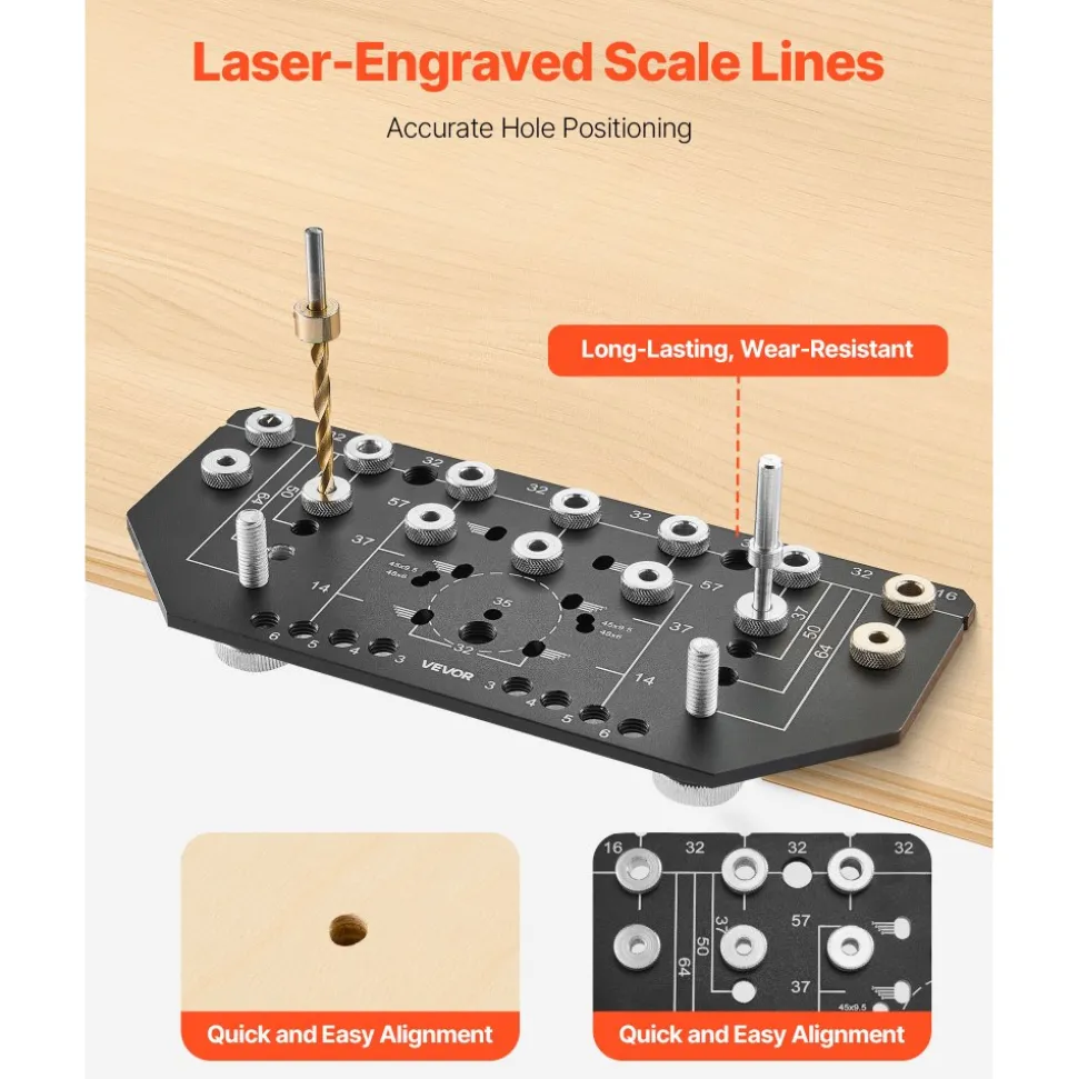 VEVOR Shelf Pin Jig and Hinge Jig Two-in-One, Aluminum Alloy Cabinet Hardware Hole Drilling Template with 1/4" and 3/16" Drill Bits, for Cabinet Doors Bookshelves Wardrobes Woodworking and DIY