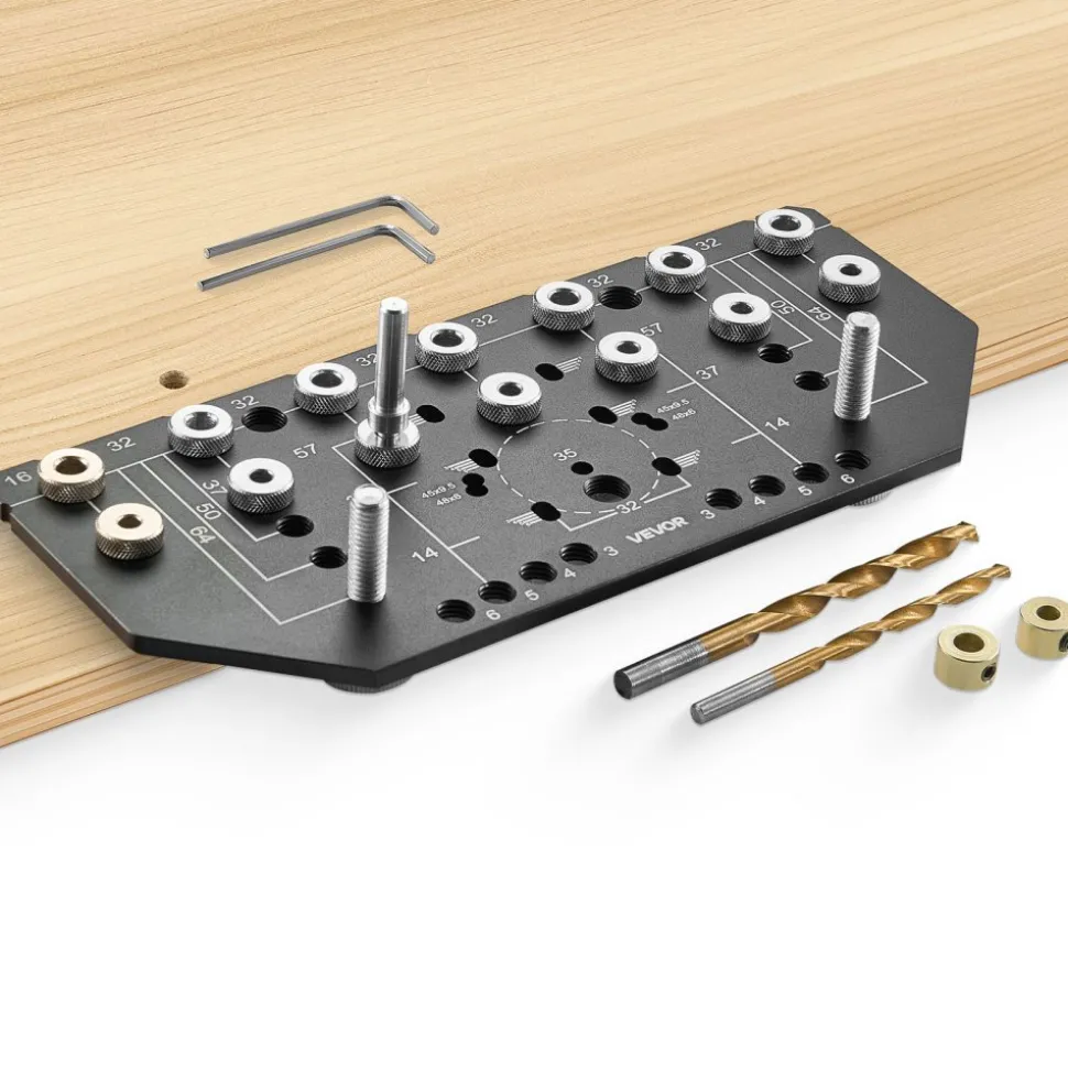 VEVOR Shelf Pin Jig and Hinge Jig Two-in-One, Aluminum Alloy Cabinet Hardware Hole Drilling Template with 1/4" and 3/16" Drill Bits, for Cabinet Doors Bookshelves Wardrobes Woodworking and DIY