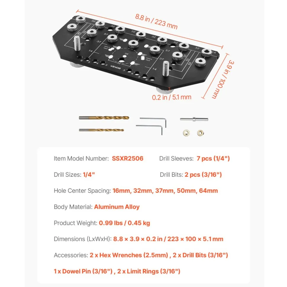 VEVOR Shelf Pin Jig and Hinge Jig Two-in-One, Aluminum Alloy Cabinet Hardware Hole Drilling Template with 1/4" and 3/16" Drill Bits, for Cabinet Doors Bookshelves Wardrobes Woodworking and DIY