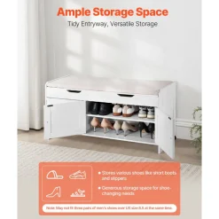VEVOR Shoe Bench, 41.3 x 13.8 x 19.8 Inch Entryway Bench with Lift Top Storage and Seat Cushion, 250lbs Shoe Rack with 3 Cabinets and Height Adjustable Shelf, for Bedroom, Hallway, White + Black