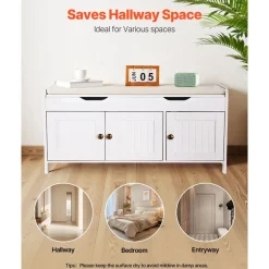 VEVOR Shoe Bench, 41.3 x 13.8 x 19.8 Inch Entryway Bench with Lift Top Storage and Seat Cushion, 250lbs Shoe Rack with 3 Cabinets and Height Adjustable Shelf, for Bedroom, Hallway, White + Black