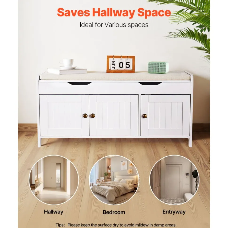 VEVOR Shoe Bench, 41.3 x 13.8 x 19.8 Inch Entryway Bench with Lift Top Storage and Seat Cushion, 250lbs Shoe Rack with 3 Cabinets and Height Adjustable Shelf, for Bedroom, Hallway, White + Black