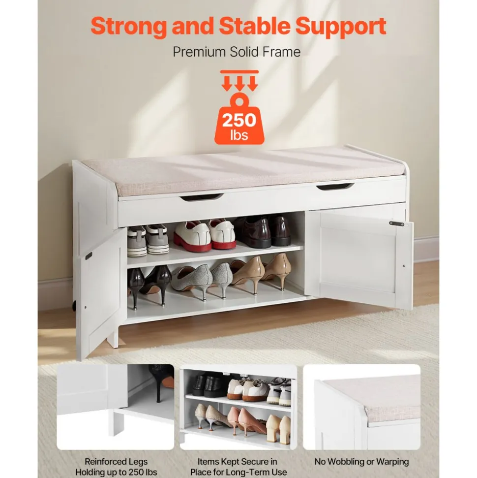 VEVOR Shoe Bench, 41.3 x 13.8 x 19.8 Inch Entryway Bench with Lift Top Storage and Seat Cushion, 250lbs Shoe Rack with 3 Cabinets and Height Adjustable Shelf, for Bedroom, Hallway, White + Black