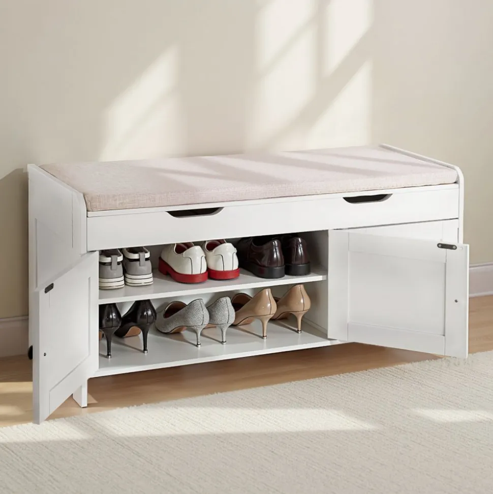 VEVOR Shoe Bench, 41.3 x 13.8 x 19.8 Inch Entryway Bench with Lift Top Storage and Seat Cushion, 250lbs Shoe Rack with 3 Cabinets and Height Adjustable Shelf, for Bedroom, Hallway, White + Black