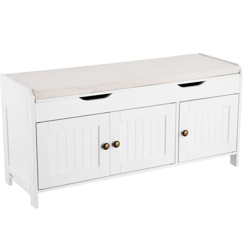VEVOR Shoe Bench, 41.3 x 13.8 x 19.8 Inch Entryway Bench with Lift Top Storage and Seat Cushion, 250lbs Shoe Rack with 3 Cabinets and Height Adjustable Shelf, for Bedroom, Hallway, White + Black