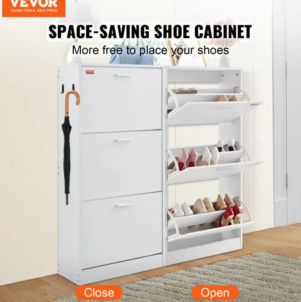 VEVOR Shoe Cabinet with 3 Flip Drawers, Shoe Storage Cabinet for Entryway, Free Standing Shoe Storage Organizer with Side Hooks for Heels, Boots, Slippers in Hallway, Living Room