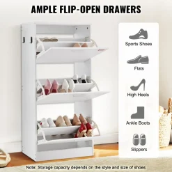 VEVOR Shoe Cabinet with 3 Flip Drawers, Shoe Storage Cabinet for Entryway, Free Standing Shoe Storage Organizer with Side Hooks for Heels, Boots, Slippers in Hallway, Living Room