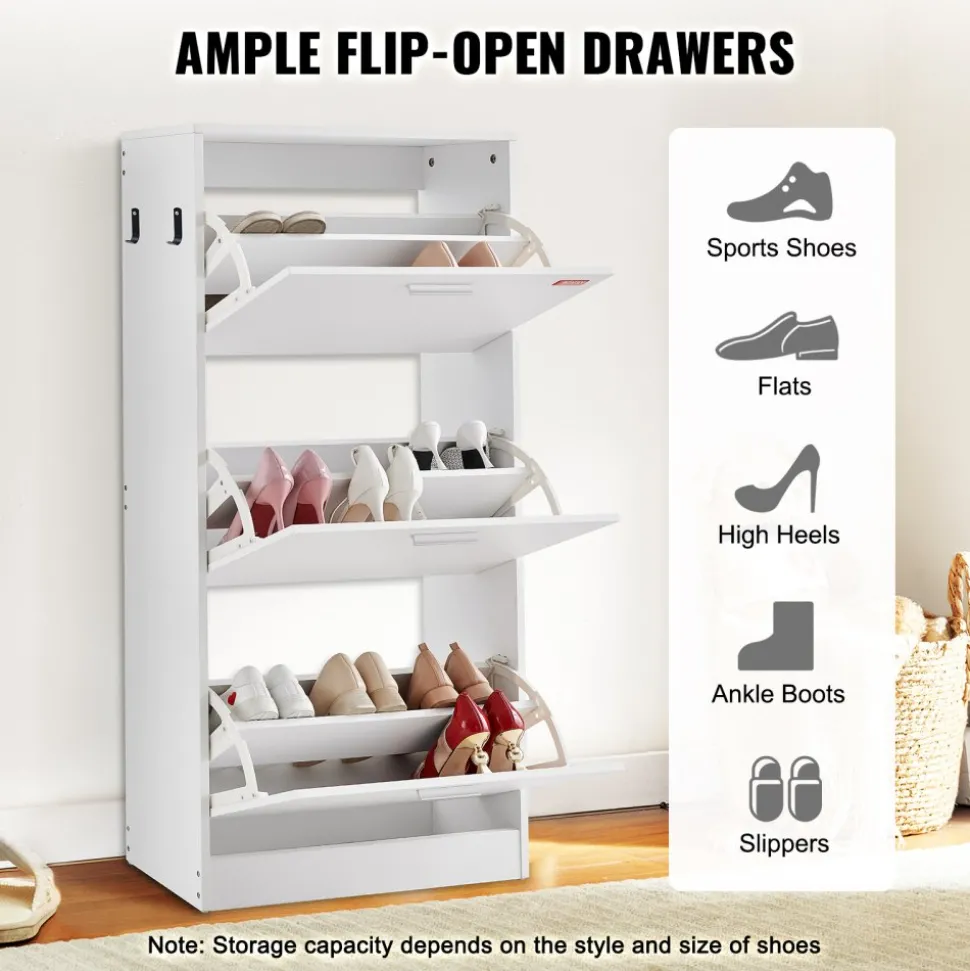 VEVOR Shoe Cabinet with 3 Flip Drawers, Shoe Storage Cabinet for Entryway, Free Standing Shoe Storage Organizer with Side Hooks for Heels, Boots, Slippers in Hallway, Living Room