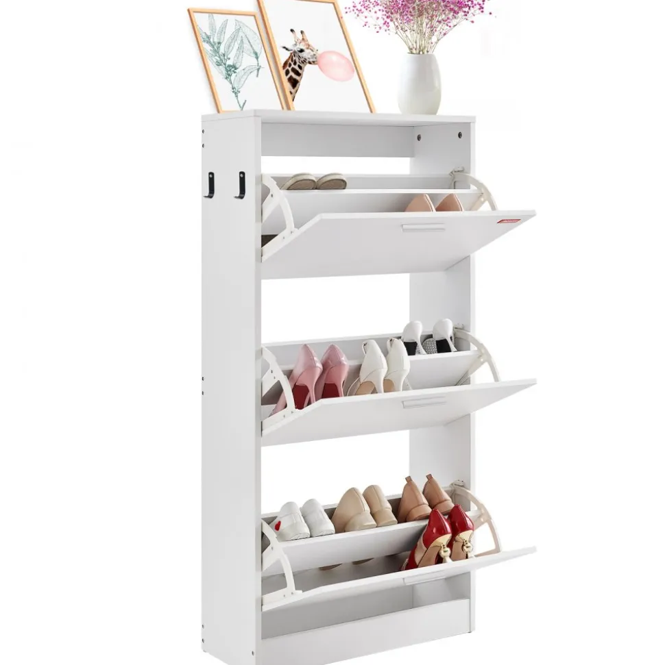 VEVOR Shoe Cabinet with 3 Flip Drawers, Shoe Storage Cabinet for Entryway, Free Standing Shoe Storage Organizer with Side Hooks for Heels, Boots, Slippers in Hallway, Living Room