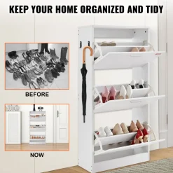 VEVOR Shoe Cabinet with 3 Flip Drawers, Shoe Storage Cabinet for Entryway, Free Standing Shoe Storage Organizer with Side Hooks for Heels, Boots, Slippers in Hallway, Living Room
