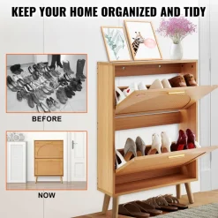 VEVOR Shoe Cabinet with 2 Flip Drawers, Shoe Storage Cabinet for Entryway, Free Standing Shoe Storage Organizer with Rattan Doors for Heels, Boots, Slippers in Hallway, Living Room