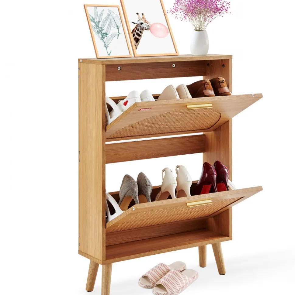 VEVOR Shoe Cabinet with 2 Flip Drawers, Shoe Storage Cabinet for Entryway, Free Standing Shoe Storage Organizer with Rattan Doors for Heels, Boots, Slippers in Hallway, Living Room