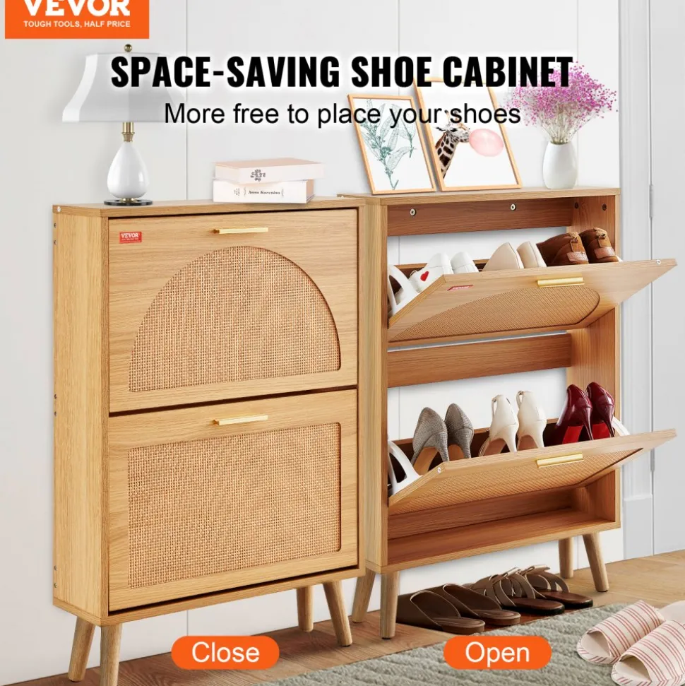 VEVOR Shoe Cabinet with 2 Flip Drawers, Shoe Storage Cabinet for Entryway, Free Standing Shoe Storage Organizer with Rattan Doors for Heels, Boots, Slippers in Hallway, Living Room