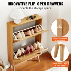 VEVOR Shoe Cabinet with 2 Flip Drawers, Shoe Storage Cabinet for Entryway, Free Standing Shoe Storage Organizer with Rattan Doors for Heels, Boots, Slippers in Hallway, Living Room