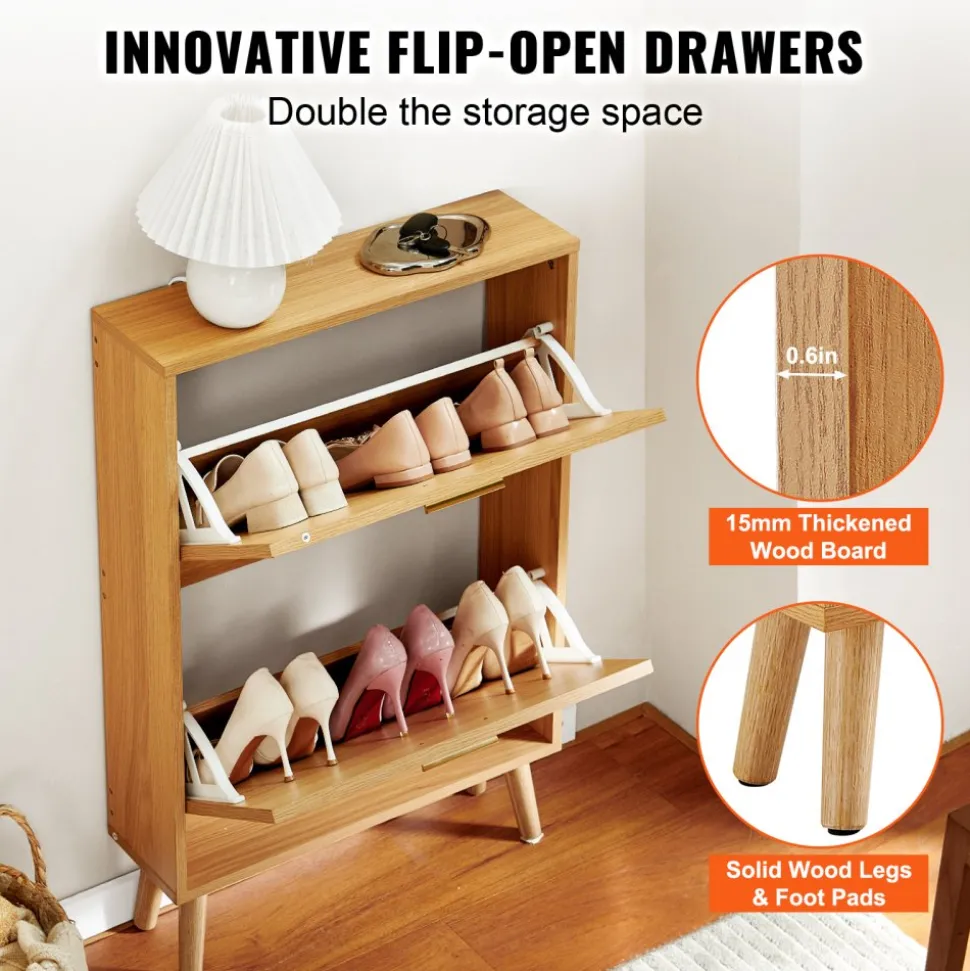 VEVOR Shoe Cabinet with 2 Flip Drawers, Shoe Storage Cabinet for Entryway, Free Standing Shoe Storage Organizer with Rattan Doors for Heels, Boots, Slippers in Hallway, Living Room