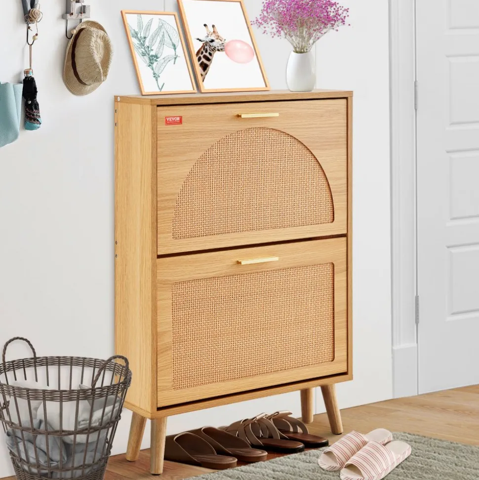 VEVOR Shoe Cabinet with 2 Flip Drawers, Shoe Storage Cabinet for Entryway, Free Standing Shoe Storage Organizer with Rattan Doors for Heels, Boots, Slippers in Hallway, Living Room