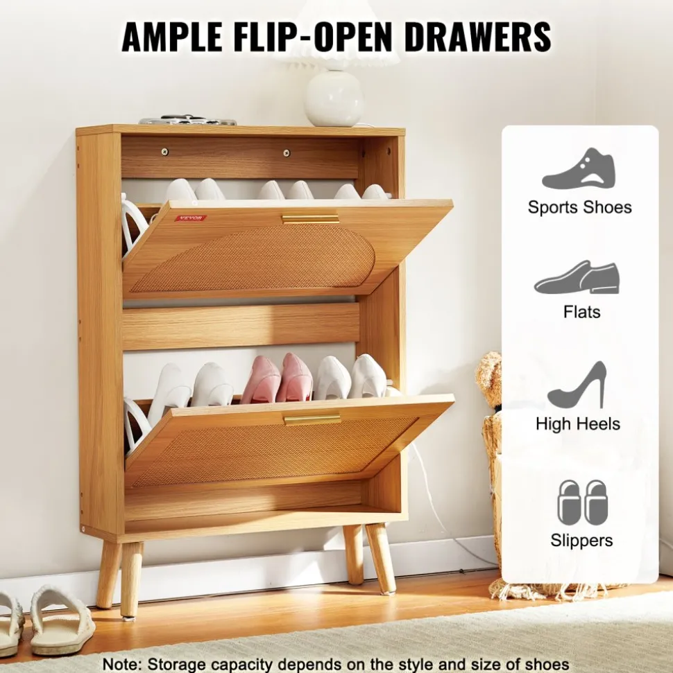 VEVOR Shoe Cabinet with 2 Flip Drawers, Shoe Storage Cabinet for Entryway, Free Standing Shoe Storage Organizer with Rattan Doors for Heels, Boots, Slippers in Hallway, Living Room