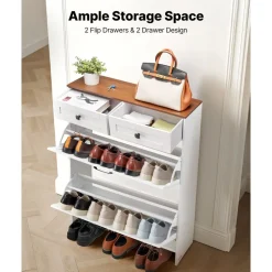 VEVOR Shoe Cabinet with 2 Flip Drawers, Farmhouse Shoes Storage Cabinet with 2 Drawers and Anti-Tipping Device, Freestanding Shoe Organizer Ideal for Entryway, Hallway, Bedroom, Living Room, White
