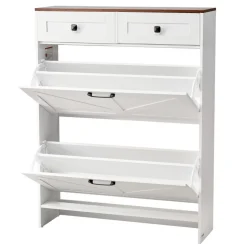 VEVOR Shoe Cabinet with 2 Flip Drawers, Farmhouse Shoes Storage Cabinet with 2 Drawers and Anti-Tipping Device, Freestanding Shoe Organizer Ideal for Entryway, Hallway, Bedroom, Living Room, White