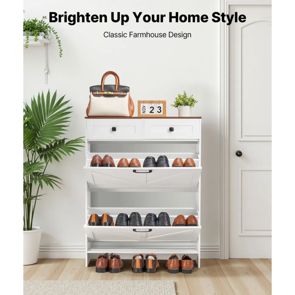 VEVOR Shoe Cabinet with 2 Flip Drawers, Farmhouse Shoes Storage Cabinet with 2 Drawers and Anti-Tipping Device, Freestanding Shoe Organizer Ideal for Entryway, Hallway, Bedroom, Living Room, White